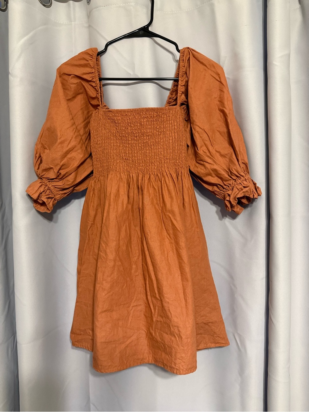 Women’s Smocked Puff Sleeve Casual Dress in Rust Orange